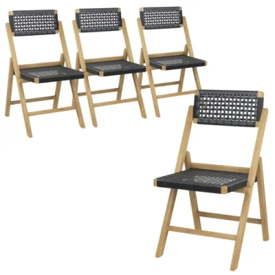 Costway 2/4 Piece Patio Folding Chairs with Woven Rope Seat & High Back Indonesia Teak Wood for Porch Natural&Black image {11}