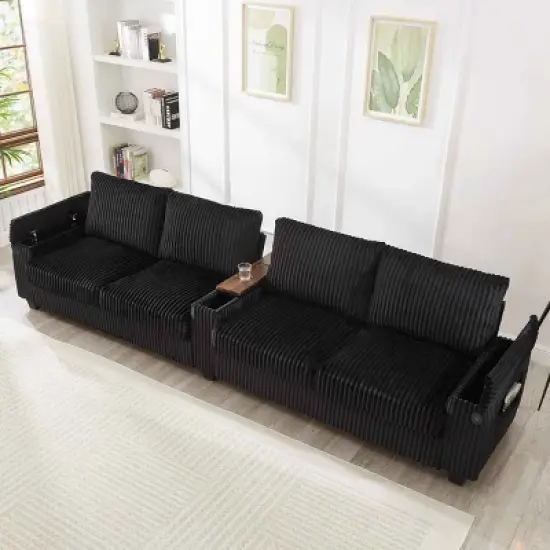 4-Seater Sofa Couch with Hidden Arm Storage, Sofa with USB Ports and Flip-Top Cup Holders, Corduroy Sofa with Plywood Frame-Cuddlewood image {7}