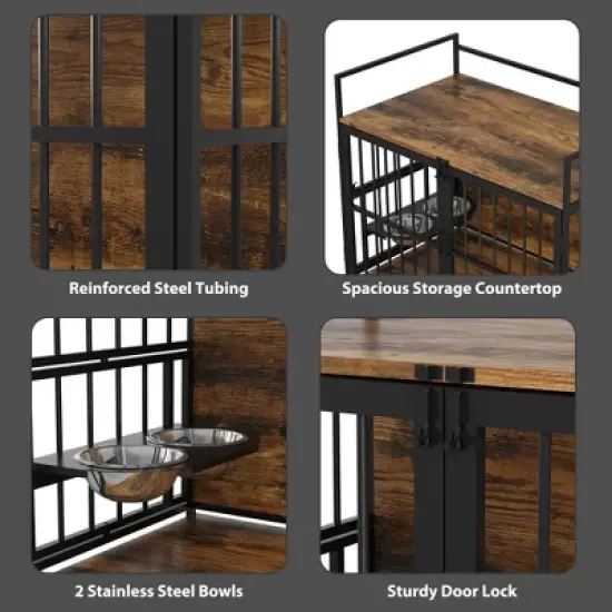 Furniture Style Large Dog Crate with 360&deg; & Adjustable Raised Feeder for Dogs 2 Stainless Steel Bowls -End Table House Pad image {7}