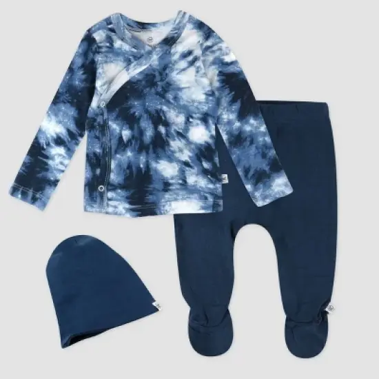 Honest Baby 3pc Top & Bottom Set with Beanie - Blue image {2}