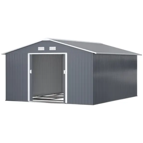Outsunny 11' x 13' Metal Storage Shed Garden Tool House with Double Sliding Doors, 4 Air Vents for Backyard, Patio, Lawn Dark Gray image {3}