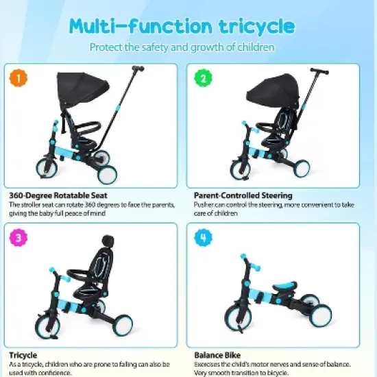 7-in-1 Kids Tricycle with Adjustable Parent Handle, Safety Harness & Wheel Brakes image {1}