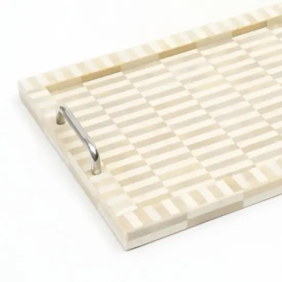SEVOBAL Serving Platters 2 Set Handcrafted Checkered Serving Trays with Elegant Bone and Resin Set with Handles for Dining, Yellow, 18"*14"*2.5" image {4}