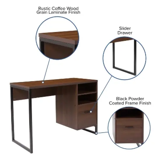 Merrick Lane Rustic Computer Desk with Shelving and Storage Drawer Metal Frame Pedestal Base Home Office Desk image {4}
