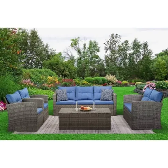 5pc Wicker Outdoor Conversation Set Blue/Brown - EDYO LIVING image {1}