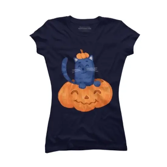 Junior's Design By Humans Halloween Cat In A Pumpkin By wubbadub T-Shirt image {4}
