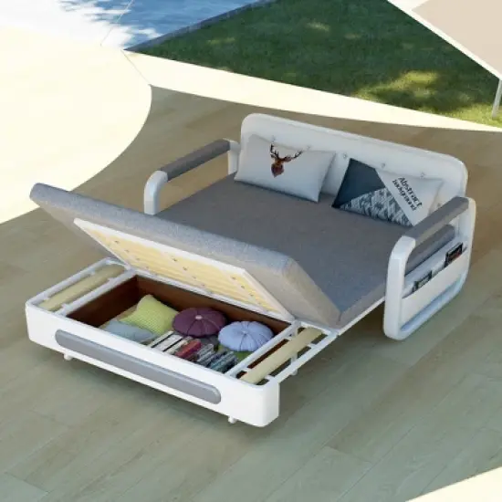 Luck Live Modern Patio Sofas 62.2in extendable pull Outdoor Sofa bed,Solid wood & White metal frame/Gray cushion with storage function image {2}