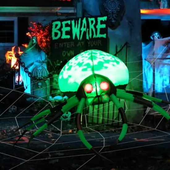 Tangkula Halloween Inflatable Spider with Cobweb Creepy Blow-up Spider with LED Rotating LED Light Green Black Legs Waterproof Halloween Decoration image {7}