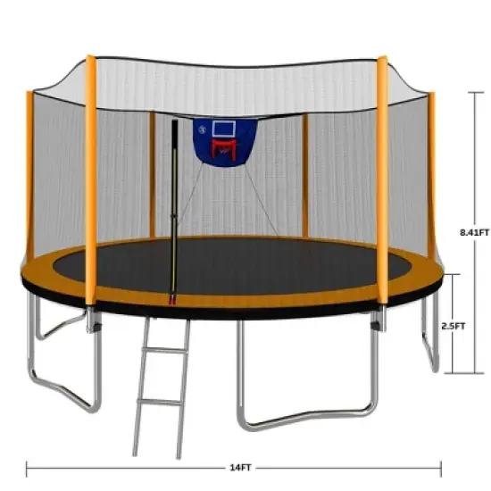 Okak 14FT All Weather Outdoor Trampoline with Basketball Hoop, Trampoline with Outer Safety Enclosure and Ladder, Rebounder for Adult, Kids, Orange image {6}