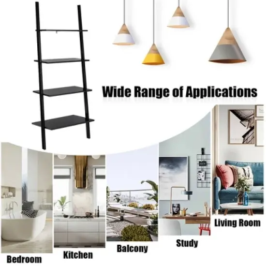 Costway Industrial Ladder Shelf 4-Tier Leaning Wall Bookcase Plant Stand Rustic Black/Brown image {5}