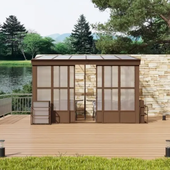 Mondawe 10x12FT Lean to Sunroom Wall Mounted Solarium with Sloping Polycarbonate Roof, Detachable Screens and 2 Lockable Sliding Doors image {1}