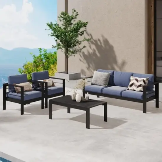 Heynemo Aluminum Outdoor Patio Furniture Set, 4 Pcs Modern Outdoor Conversation Set Sectional Sofa with Cushion and Coffee Table for Balcony image {3}