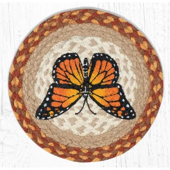 Earth Rugs Round Trivet &ndash; 10"x10" Monarch Butterfly Printed Braided Jute Mat in Natural Botanical Garden Style image {1}