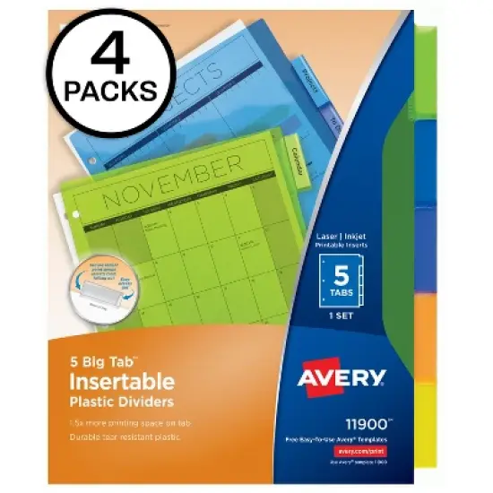 Big Tab Insertable Plastic Dividers, 5 Multicolor Tab, 4 Sets (11900) image {7}