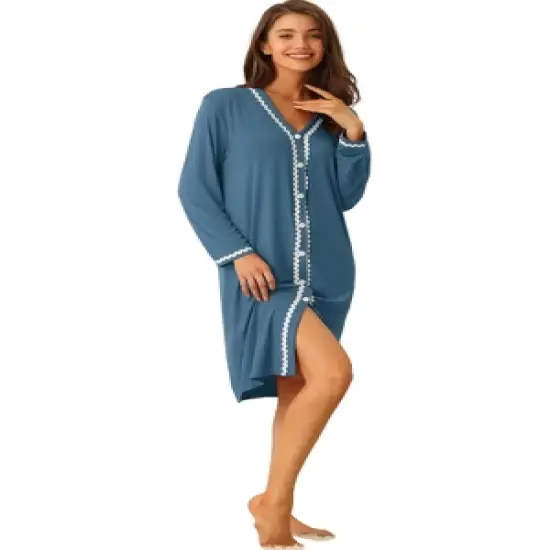 cheibear Womens Button Down V Neck Long Sleeve Pajama Nightshirt Dress image {7}