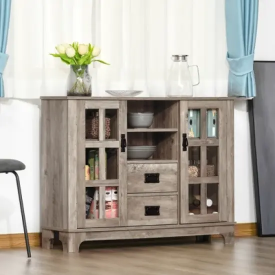 HOMCOM Sideboard Storage Cabinet, Kitchen Cupboard Buffet Server with Glass Doors, 2 Drawers & Adjustable Shelves for Living Room image {1}