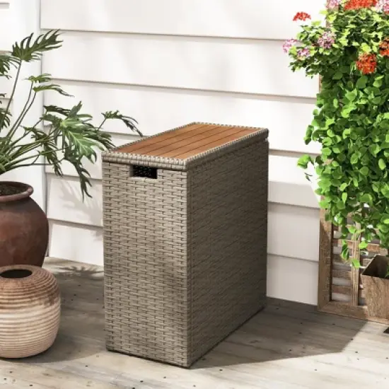 Outsunny 17-Gallon Small Deck Box, UV Resistant Wicker Outdoor Storage Box with Slatted Acacia Wood Top for Patio Cushions and Garden Tools, Teak image {4}
