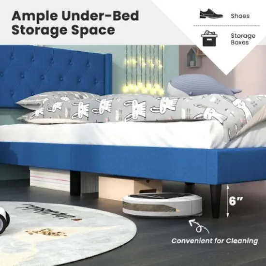 Costway Twin Size Upholstered Platform Bed with Button Tufted Wingback Headboard Blue/Grey image {5}