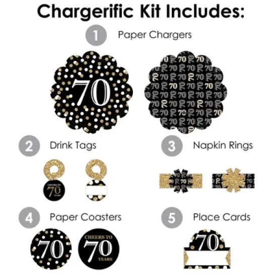 Big Dot of Happiness Adult 70th Birthday - Gold - Birthday Party Paper Charger and Table Decorations - Chargerific Kit - Place Setting for 8 image {2}