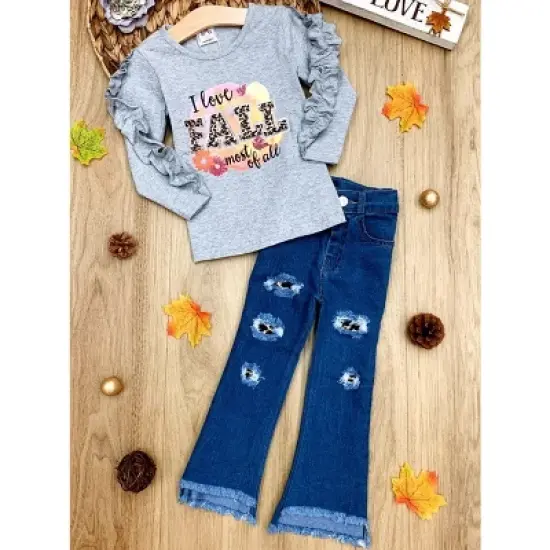 Girls I Love Fall Most Of All Patched Jeans Set - Mia Belle Girls image {3}