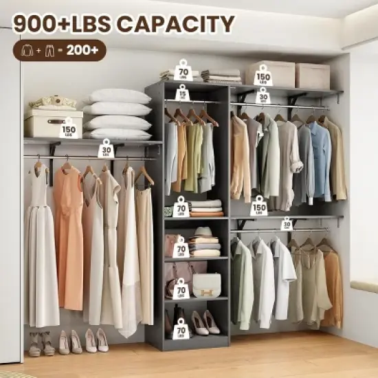 SEVOBAL Freestanding Coat Racks 6 Shelves and 3 Rods Heavy-Duty Wood Closet Organizer System， Adjustable Storage for Using, Gray, 15.8"*96.1"*75" image {2}