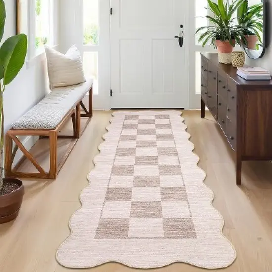 Checkered Rug Washable Rug for Living Room Non Slip Indoor Scalloped Printed Carpet Low Pile Neutral Rugs Soft Floor Cover for Bedroom Nursery image {8}
