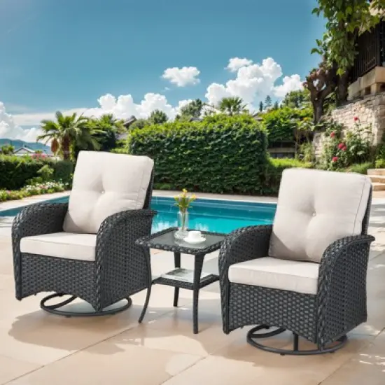 POCASSY Black Wicker Patio Furniture Set Outdoor Swivel Rocker Patio Glider Chairs Set of 2 with Side Table for Porch Balcony in Beige Cushion image {11}