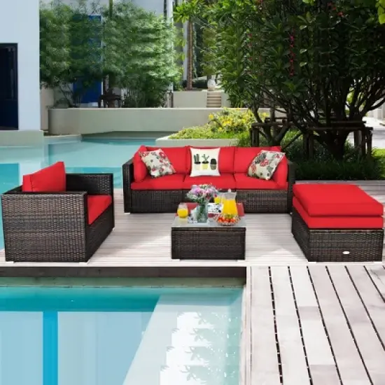 Costway 6PCS Patio Rattan Furniture Set Cushion Sofa Coffee Table image {2}
