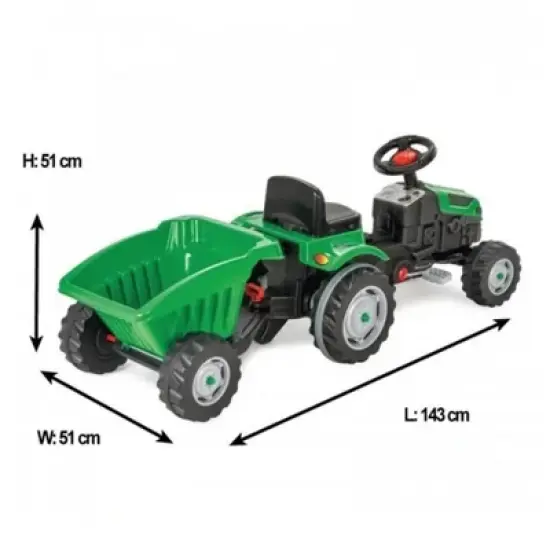 Pilsan Children's Pedal Operated Ride On Tractor with Trailer, Steering Wheel, Air Horn, and Adjustable Backrest, For Kids 3 Years and Up, Green image {4}