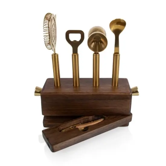 6pc Stainless Steel Sidecar Bar Tool Set - Picnic Time: Barware Set with Storage Case, Brass Plated Finish image {1}