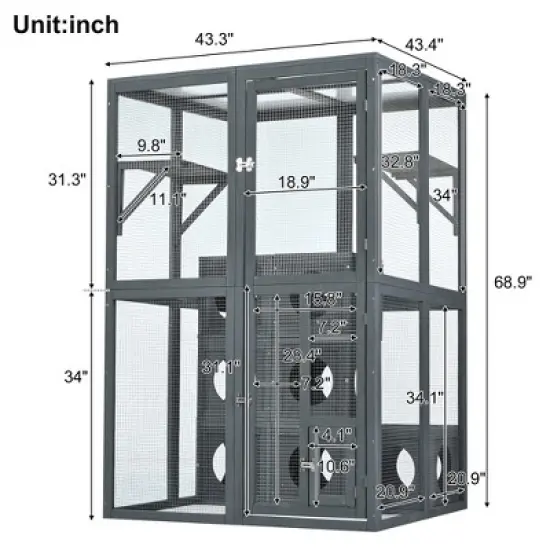 Catio Outdoor Cat Enclosure, 68.9"H Wooden Cat Playen Catio with 2 Jumping Platforms & 7 Napping Houses, Feral Animal Shelter for Multiple Cat image {2}