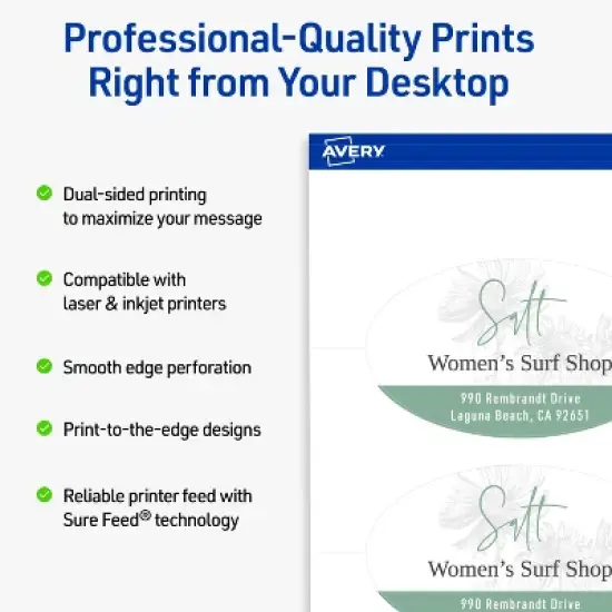 Avery Printable Oval Business Cards, Sure Feed Technology, 2" x 3-1/2", Matte White Cardstock, Print-to-The-Edge, Laser/Inkjet Printable, 80 Total image {1}