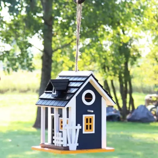Sunnydaze 9.25" Charming Cottage Wood Hanging Bird House with Solar Light Blue image {4}