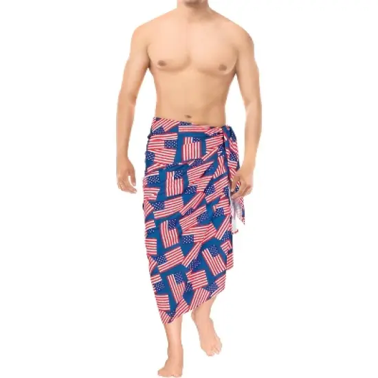 LA LEELA Men's Patriotic 4th of July American Flag Summer Sarong Swim Trunk Long Pareo Beach Wrap One Size Ruby Allover US Flag image {1}