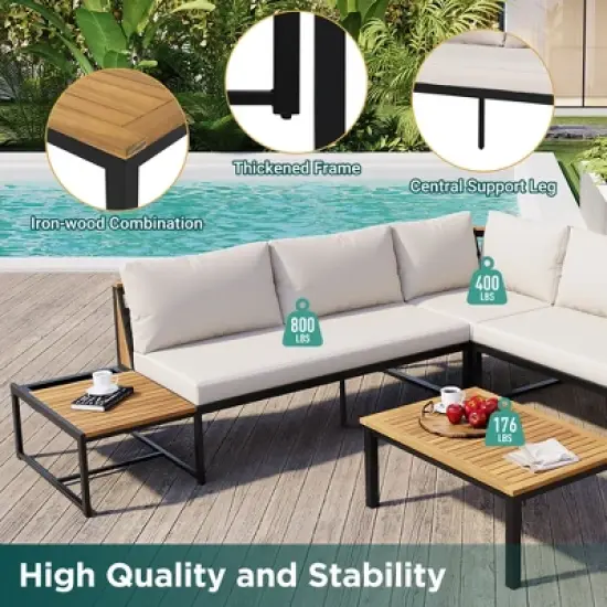 Patio Sectional Sofa Set, Outdoor Iron-Wood Seating Group Conversation Set with Side Table and Cushions for Garden, Backyard -ModernLuxe image {3}