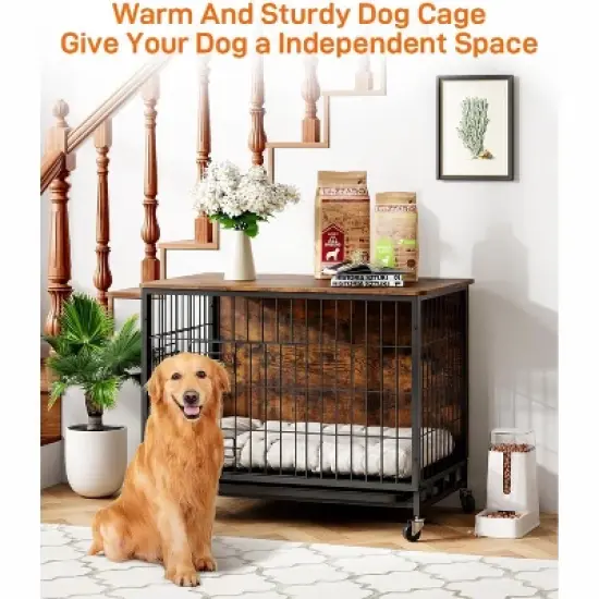 Wooden Dog Crate Furniture with Wheels and Double Door &ndash; Modern Pet House, Removable Tray, Stylish End Table for Living Room, Bedroom, and Outdoors image {2}