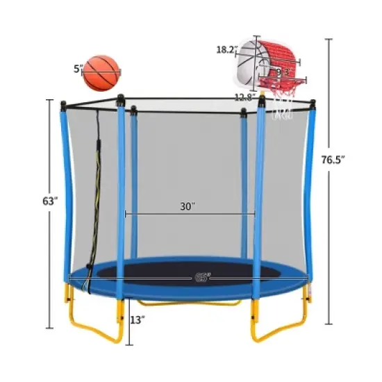 Jump Into Fun 65IN 5.5FT Outdoor & Indoor Mini Toddler Trampoline With Basketball Hoop, Safety Enclosure Net Birthday Gifts for Boys & Girls image {1}