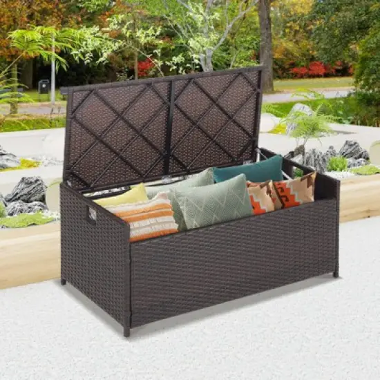 WELLFOR 34gal Patio Storage Bench PE Rattan Storage Box with Seat Cushion Mix Brown image {1}