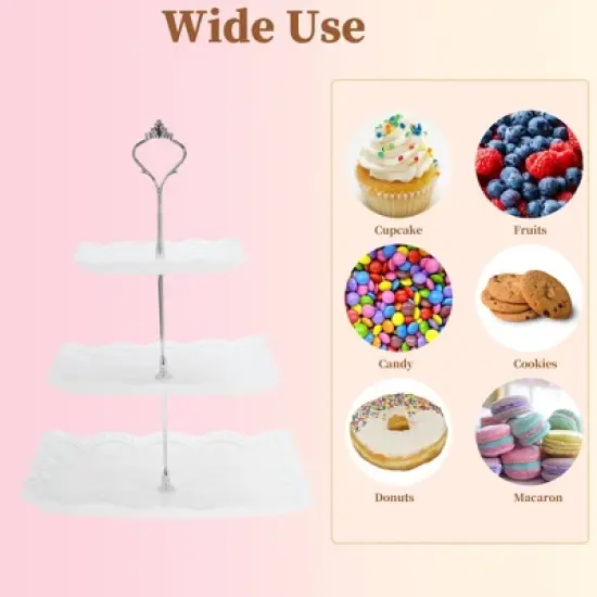 Unique Bargains 3 Tier Dessert Cupcake Stand Square with Tiered Serving Tray for Donuts Fruits White Silver Tone image {4}