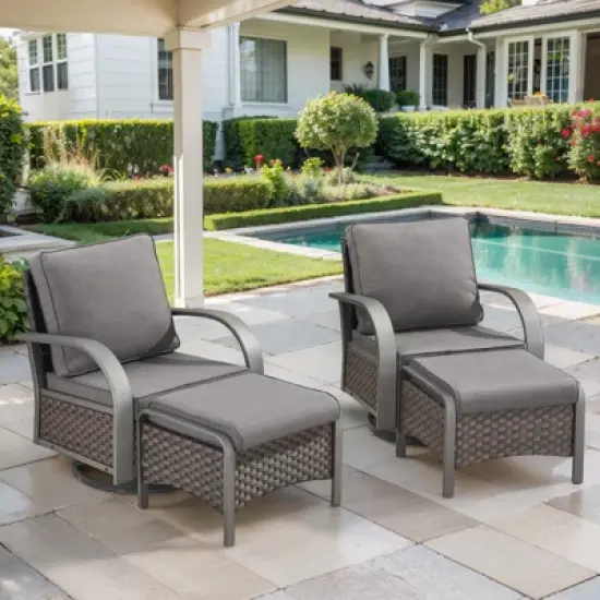 POCASSY 4 Piece Patio Furniture Set with Swivel Chairs and Ottomans, Metal Armrest Swivel Outdoor Chair Set Brown Wicker Swivel Patio Chairs for Porch image {15}