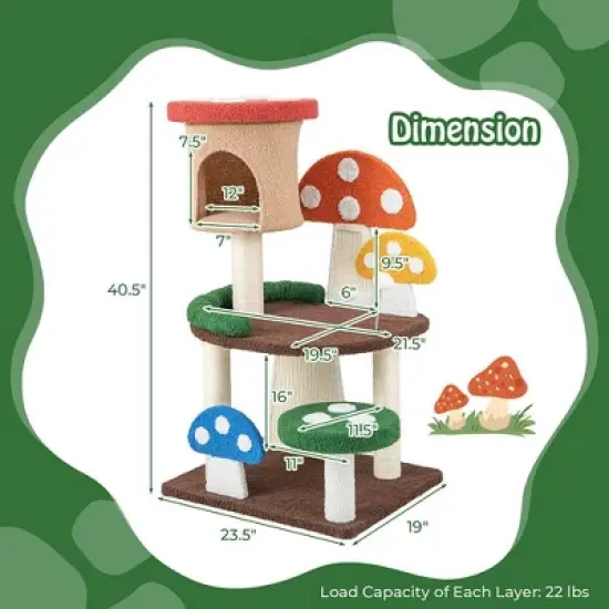 Tangkula 41" Mushroom Cat Tree Tower Indoor Kitten Activity Center w/ Natural Sisal Posts image {8}