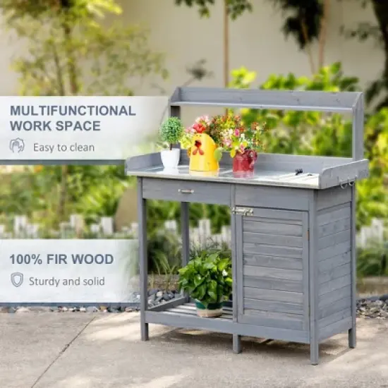MOEPISY Outdoor Potting Bench Table, Garden Work Station with Storage Cabinet, Open Shelf and Steel Tabletop, Gray image {6}