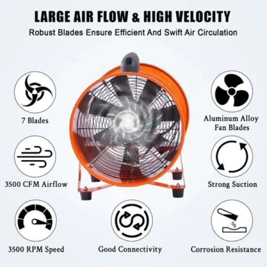 3500CFM Portable Air Blower w/ 33ft Hose - 12" 580W Heavy-Duty Industrial Fan for Warehouse Ventilation, Dust/Chemical Exhaust & Job Sites image {3}