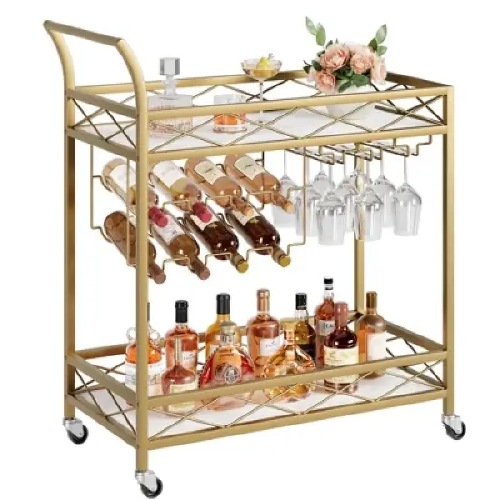 Gold Bar Carts with 2-Tiers Storage Shelves&pound;&not;Mobile Kitchen Seving Carts on Wheels image {8}