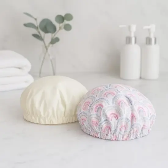 Spa Essentials 2-Pack Shower Caps &ndash; Reversible Waterproof Caps with Stylish Patterns & Solid Colors &ndash; Hair Protection image {1}