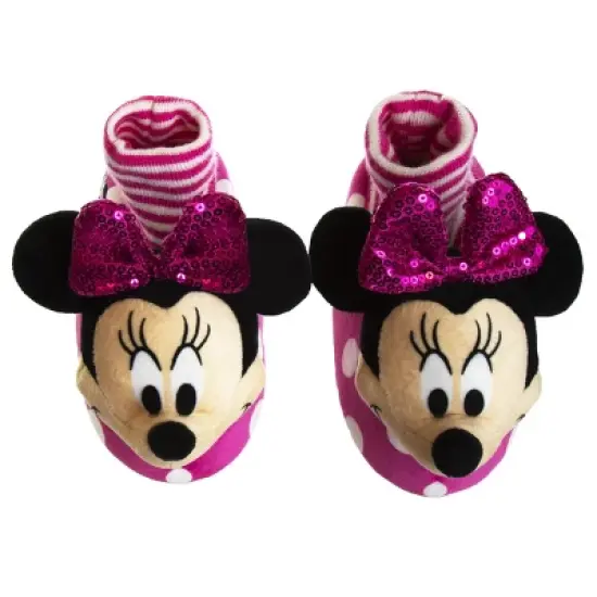 Disney Kids Girl's Minnie Mouse Slippers - Plush Lightweight Warm Comfort Soft Aline House Slippers &ndash; 3D Minnie glitter bow (size 5-12 Toddler/Little Kid) image {3}