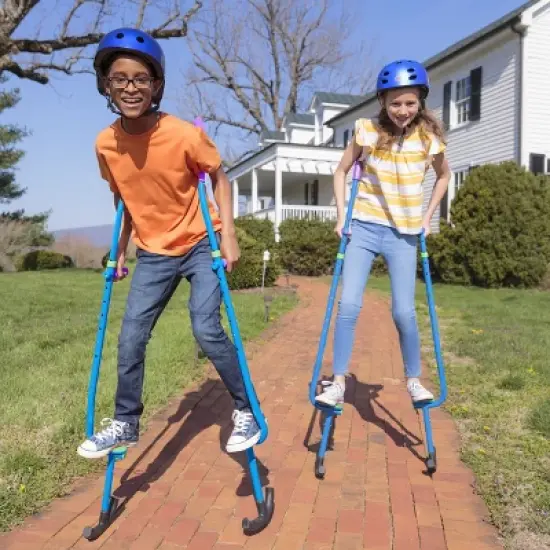 HearthSong Adjustable Ergonomic Amazing Feats Kids Stilts with Treaded Foot Rests, Arced Feet, and Foam Handles, Blue image {1}