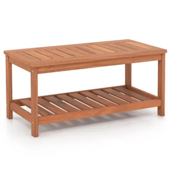 Tangkula Patio Hardwood Coffee Table 2-Tier Wooden Coffee Table with Slatted Tabletop & Storage Shelf Outdoor Rectangular Cocktail Table image {8}