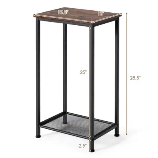 Costway 2-Tier Industrial Side End Accent Telephone Table w/Mesh Shelf Rustic Brown image {2}