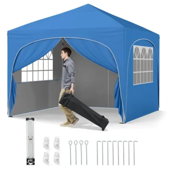 Costway 10 X 10 FT Pop up Canopy Tent Outdoor Easy Setup Sunshade with Wheeled Bag Blue/White/Gray image {10}